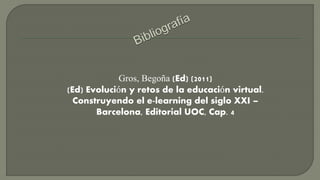 Gros, Begoña (Ed) (2011) 
(Ed) Evolución y retos de la educación virtual. 
Construyendo el e-learning del siglo XXI – 
Barcelona, Editorial UOC, Cap. 4 
