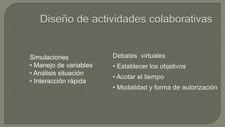 Simulaciones 
• Manejo de variables 
• Análisis situación 
• Interacción rápida 
Debates virtuales 
• Establecer los objetivos 
• Acotar el tiempo 
• Modalidad y forma de autorización 
 