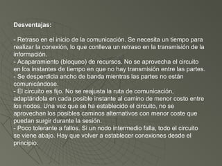 Desventajas:
- Retraso en el inicio de la comunicación. Se necesita un tiempo para
realizar la conexión, lo que conlleva un retraso en la transmisión de la
información.
- Acaparamiento (bloqueo) de recursos. No se aprovecha el circuito
en los instantes de tiempo en que no hay transmisión entre las partes.
- Se desperdicia ancho de banda mientras las partes no están
comunicándose.
- El circuito es fijo. No se reajusta la ruta de comunicación,
adaptándola en cada posible instante al camino de menor costo entre
los nodos. Una vez que se ha establecido el circuito, no se
aprovechan los posibles caminos alternativos con menor coste que
puedan surgir durante la sesión.
- Poco tolerante a fallos. Si un nodo intermedio falla, todo el circuito
se viene abajo. Hay que volver a establecer conexiones desde el
principio.
 