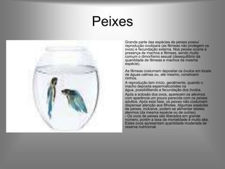 Peixes
   •   Grande parte das espécies de peixes possui
       reprodução ovulípara (as fêmeas não protegem os
       ovos) e fecundação externa. Nos peixes ocorre a
       presença de machos e fêmeas, sendo muito
       comum o dimorfismo sexual (desequilíbrio da
       quantidade de fêmeas e machos da mesma
       espécie).
       As fêmeas costumam depositar os óvulos em locais
       de águas calmas ou, até mesmo, constroem
       ninhos.
   •   A reprodução tem início, geralmente, quando o
       macho deposita espermatozóides na
       água, possibilitando a fecundação dos óvulos.
   •   Após a eclosão dos ovos, aparecem os alevinos
       com aparência um pouco parecida com os peixes
       adultos. Após esta fase, os peixes não costumam
       dispensar atenção aos filhotes. Algumas espécies
       de peixes, inclusive, podem se alimentar destes
       alevinos (da mesma espécie ou de outras).
       - Os ovos de peixes são liberados em grande
       número, porém a taxa de mortalidade é muito alta.
       Estes ovos apresentam quantidade moderada de
       reserva nutricional.
 