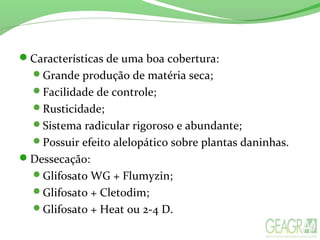 Características de uma boa cobertura:
Grande produção de matéria seca;
Facilidade de controle;
Rusticidade;
Sistema radicular rigoroso e abundante;
Possuir efeito alelopático sobre plantas daninhas.
Dessecação:
Glifosato WG + Flumyzin;
Glifosato + Cletodim;
Glifosato + Heat ou 2-4 D.
 