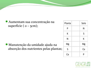 Aumentam sua concentração na
superfície ( 0 – 5cm);
Manutenção da umidade ajuda na
absorção dos nutrientes pelas plantas;
Planta Solo
P N
K S
N K
Mg Mg
S Ca
Ca P
 