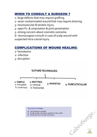 12
UWHEN TO CONSULT A SURGEON ?U
1- large defects that may require grafting.
2- sever contaminated wound that may require draining
3- neurovascular & tendon injury.
4- open Fx. & amputation & joint penetration.
5- strong concern about cosmetic outcome.
6- neurosurgeon consult in case of scalp wound with
suspected intra cranial injury.
UCOMPLICATIONS OF WOUND HEALING:U
1- hematoma
2- infection
3- disruption
G
abroSurge..
 