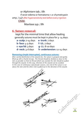 29
or Alphintern tab. / 8h
if sever edema or hematoma > 𝛼𝛼-chymotrypsin
amp. / 24h after hypersensitivity test before every injection
Child:
Maxilase syp. / 8h
6- Suture removal:
kept for the minimal time that allow healing
generally sutures must be kept in place for 3- 14 days.
a- scalp: 7-14 days e- trunk: 7 days
b- face: 4-5 days f- UL: 7 days
c- eye lid: 3 days g- LL: 8-10 days
d- neck: 3-d days h- undertension: 12-14 days
Removing simple interrupted, continuous sutures:
After careful disinfection of the wound site, the suture is grasped and gently
lifted up with a thumb forceps. The thread should be divided as close to the
skin as possible so that no thread which was outside the skin should be pulled
through the wound. In this way, infection of the wound can be avoided.
In the case of continuous subcuticular sutures, one end of the suture is cut
above the skin and the other end is pulled out in the direction of the wound.
G
abroSurge..
 