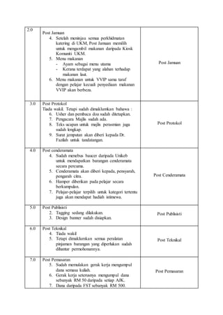 2.0
Post Jamuan
4. Setelah meninjau semua perkhidmatan
katering di UKM, Post Jamuan memilih
untuk mengambil makanan daripada Kiosk
Komuniti UKM.
5. Menu makanan
- Ayam sebagai menu utama
- Kerana terdapat yang alahan terhadap
makanan laut.
6. Menu makanan untuk VVIP sama taraf
dengan pelajar kecuali penyediaan makanan
VVIP akan berbeza.
Post Jamuan
3.0 Post Protokol
Tiada wakil. Tetapi sudah dimaklumkan bahawa :
6. Usher dan pembaca doa sudah ditetapkan.
7. Pengacara Majlis sudah ada.
8. Teks ucapan untuk majlis perasmian juga
sudah lengkap.
9. Surat jemputan akan diberi kepada Dr.
Fazilah untuk tandatangan.
Post Protokol
4.0 Post cenderamata
4. Sudah menebus baucer daripada Unikeb
untuk mendapatkan barangan cenderamata
secara percuma.
5. Cenderamata akan diberi kepada, pensyarah,
pengarah citra.
6. Hamper diberikan pada pelajar secara
berkumpulan.
7. Pelajar-pelajar terpilih untuk kategori tertentu
juga akan mendapat hadiah istimewa.
Post Cenderamata
5.0 Post Publisisti
2. Tagging sedang dilakukan.
3. Design banner sudah disiapkan.
Post Publisisti
6.0 Post Teknikal
4. Tiada wakil
5. Tetapi dimaklumkan semua peralatan
pinjaman barangan yang diperlukan sudah
dihantar permohonannya.
Post Teknikal
7.0 Post Pemasaran
5. Sudah memulakan gerak kerja mengumpul
dana semasa kuliah.
6. Gerak kerja seterusnya mengumpul dana
sebanyak RM 50 daripada setiap AJK.
7. Dana daripada FST sebanyak RM 500.
Post Pemasaran
 