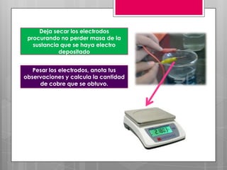 Deja secar los electrodos
 procurando no perder masa de la
   sustancia que se haya electro
            depositado


   Pesar los electrodos, anota tus
observaciones y calcula la cantidad
     de cobre que se obtuvo.
 