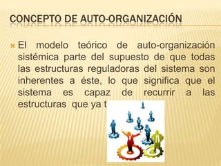 CONCEPTO DE AUTO-ORGANIZACIÓN

   El modelo teórico de auto-organización
    sistémica parte del supuesto de que todas
    las estructuras reguladoras del sistema son
    inherentes a éste, lo que significa que el
    sistema es capaz de recurrir a las
    estructuras que ya tiene.
 