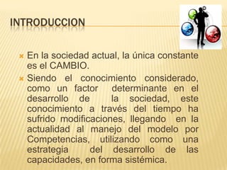 INTRODUCCION

  En la sociedad actual, la única constante
   es el CAMBIO.
  Siendo el conocimiento considerado,
   como un factor determinante en el
   desarrollo de       la sociedad, este
   conocimiento a través del tiempo ha
   sufrido modificaciones, llegando en la
   actualidad al manejo del modelo por
   Competencias, utilizando como una
   estrategia     del desarrollo de las
   capacidades, en forma sistémica.
 
