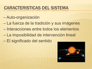 CARACTERISTICAS DEL SISTEMA

– Auto-organización
– La fuerza de la tradición y sus imágenes
– Interacciones entre todos los elementos
– La imposibilidad de intervención lineal
– El significado del sentido
 