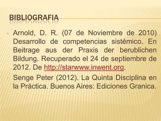 BIBLIOGRAFIA
•   Arnold, D. R. (07 de Noviembre de 2010)
    Desarrollo de competencias sistémico. En
    Beitrage aus der Praxis der berublichen
    Bildung. Recuperado el 24 de septiembre de
    2012. De http://starwww.inwent.org.
•   Senge Peter (2012). La Quinta Disciplina en
    la Práctica. Buenos Aires: Ediciones Granica.
 