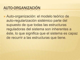 AUTO-ORGANIZACIÓN

   Auto-organización: el modelo teórico de
    auto-regularización sistémico parte del
    supuesto de que todas las estructuras
    reguladoras del sistema son inherentes a
    éste, lo que significa que el sistema es capaz
    de recurrir a las estructuras que tiene.
 