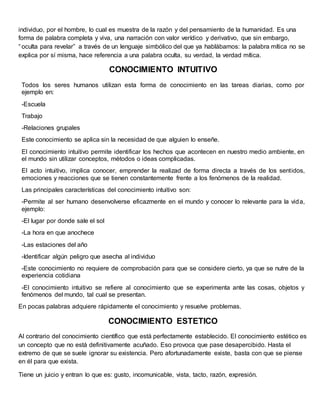 individuo, por el hombre, lo cual es muestra de la razón y del pensamiento de la humanidad. Es una
forma de palabra completa y viva, una narración con valor verídico y derivativo, que sin embargo,
“oculta para revelar” a través de un lenguaje simbólico del que ya hablábamos: la palabra mítica no se
explica por sí misma, hace referencia a una palabra oculta, su verdad, la verdad mítica.
CONOCIMIENTO INTUITIVO
Todos los seres humanos utilizan esta forma de conocimiento en las tareas diarias, como por
ejemplo en:
-Escuela
Trabajo
-Relaciones grupales
Este conocimiento se aplica sin la necesidad de que alguien lo enseñe.
El conocimiento intuitivo permite identificar los hechos que acontecen en nuestro medio ambiente, en
el mundo sin utilizar conceptos, métodos o ideas complicadas.
El acto intuitivo, implica conocer, emprender la realizad de forma directa a través de los sentidos,
emociones y reacciones que se tienen constantemente frente a los fenómenos de la realidad.
Las principales características del conocimiento intuitivo son:
-Permite al ser humano desenvolverse eficazmente en el mundo y conocer lo relevante para la vida,
ejemplo:
-El lugar por donde sale el sol
-La hora en que anochece
-Las estaciones del año
-Identificar algún peligro que asecha al individuo
-Este conocimiento no requiere de comprobación para que se considere cierto, ya que se nutre de la
experiencia cotidiana
-El conocimiento intuitivo se refiere al conocimiento que se experimenta ante las cosas, objetos y
fenómenos del mundo, tal cual se presentan.
En pocas palabras adquiere rápidamente el conocimiento y resuelve problemas.
CONOCIMIENTO ESTETICO
Al contrario del conocimiento científico que está perfectamente establecido. El conocimiento estético es
un concepto que no está definitivamente acuñado. Eso provoca que pase desapercibido. Hasta el
extremo de que se suele ignorar su existencia. Pero afortunadamente existe, basta con que se piense
en él para que exista.
Tiene un juicio y entran lo que es: gusto, incomunicable, vista, tacto, razón, expresión.
 