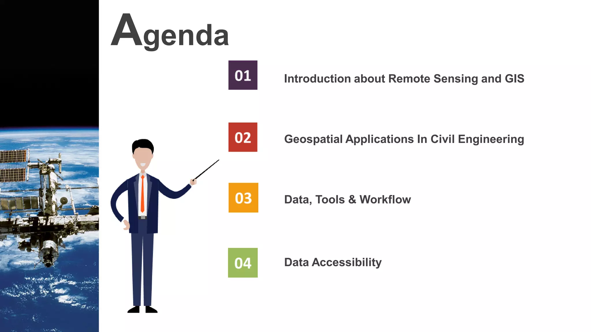 Agenda
Introduction about Remote Sensing and GIS
Geospatial Applications In Civil Engineering
Data, Tools & Workflow
Data Accessibility
 