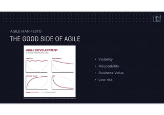 THE GOOD SIDE OF AGILE
AGILE MANIFESTO
• Visibility
• Adaptability
• Business Value
• Low risk
SOURCE: HTTPS://WWW.VERSIONONE.COM/AGILE-101/AGILE-SOFTWARE-DEVELOPMENT-BENEFITS/
 