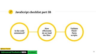JavaScript checklist part 3B
31
Is the code
minimized?
Validate
Third-
Party
scripts.
How
efficiently
do we load
the files.
@Gaca-Tworek
 