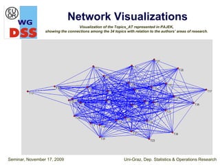 Network Visualizations
                                  Visualization of the Topics_AT represented in PAJEK,
                 showing the connections among the 34 topics with relation to the authors’ areas of research.




Seminar, November 17, 2009                                   Uni-Graz, Dep. Statistics & Operations Research
 