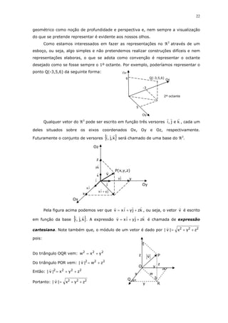 22
geométrico como noção de profundidade e perspectiva e, nem sempre a visualização
do que se pretende representar é evidente aos nossos olhos.
Como estamos interessados em fazer as representações no ℜ3
através de um
esboço, ou seja, algo simples e não pretendemos realizar construções difíceis e nem
representações elaboras, o que se adota como convenção é representar o octante
desejado como se fosse sempre o 1º octante. Por exemplo, poderíamos representar o
ponto Q(-3,5,6) da seguinte forma:
Qualquer vetor do ℜ3
pode ser escrito em função três versores kej,i , cada um
deles situados sobre os eixos coordenados Ox, Oy e Oz, respectivamente.
Futuramente o conjunto de versores { }k,j,i será chamado de uma base do ℜ3
.
Pela figura acima podemos ver que kzjyixv ++= , ou seja, o vetor v é escrito
em função da base { }k,j,i . A expressão kzjyixv ++= é chamada de expressão
cartesiana. Note também que, o módulo de um vetor é dado por 222
zyx|v| ++=
pois:
Do triângulo OQR vem: 222
yxw +=
Do triângulo POR vem: 222
zw|v| +=
Então: 2222
zyx|v| ++=
Portanto: 222
zyx|v| ++=
Oz
-3
Ox6
5
Q(-3,5,6)
2º octante
Oy
Oy
x
kz
k
Ox
j
jy
i
ix
v
z
y
P(x,y,z)
Oz
jyix +
w
v
R
Q
P
O
z
z
y
y
x
 