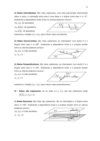54
2) Retas Coincidentes: São retas coplanares, uma está posicionada inteiramente
sobre a outra, a interseção entre elas é uma delas e o ângulo entre elas é o
0=θ .
Analisando a dependência linear entre os vetores podemos concluir:
}v,v{ 21 LD (paralelos)
}AA,v{ 211 LD (paralelos)
}2A1A,2v{ LD (paralelos)
Usaremos a notação )r()r( 21 ≡ para indicar retas coincidentes.
3) Retas Concorrentes: São retas coplanares, se interceptam num ponto P e o
ângulo entre elas é o
90≠θ . Analisando a dependência linear e o produto escalar
entre os vetores podemos concluir:
}v,v{ 21 LI (não paralelos)
0vv 21 ≠⋅
4) Retas Perpendiculares: São retas coplanares, se interceptam num ponto P e o
ângulo entre elas é o
90=θ . Analisando a dependência linear e o produto escalar
entre os vetores podemos concluir:
}v,v{ 21 LI (não paralelos)
0vv 21 =⋅
Usaremos a notação )r()r( 21 ⊥ para indicar retas perpendiculares.
II - Retas não coplanares: Se as retas (r1) e (r2) não são coplanares então
0]v,v,AA[ 2121 ≠ .
1) Retas Reversas: São retas não coplanares, não se interceptam e o ângulo entre
elas é o
90≠θ . Analisando a dependência linear e o produto escalar entre os vetores
podemos concluir:
}v,v{ 21 LI (não paralelos)
0vv 21 ≠⋅
)r()r( 21 ≡
21AA 2v1v
1v
2v
)r( 1
)r( 2 θP
)r( 1
)r( 2
1v
2v
θ
1v
)r( 1
2v
1v
)r( 2
θ
P
 