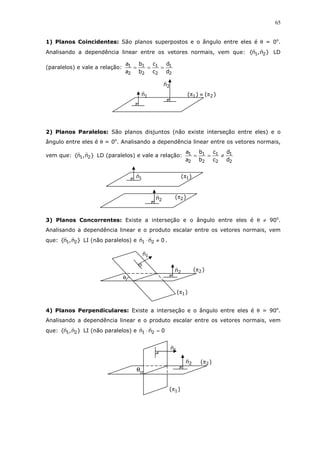 65
1) Planos Coincidentes: São planos superpostos e o ângulo entre eles é θ = 0o
.
Analisando a dependência linear entre os vetores normais, vem que: }n,n{ 21 LD
(paralelos) e vale a relação:
2
1
2
1
2
1
2
1
d
d
c
c
b
b
a
a
===
2) Planos Paralelos: São planos disjuntos (não existe interseção entre eles) e o
ângulo entre eles é θ = 0o
. Analisando a dependência linear entre os vetores normais,
vem que: }n,n{ 21 LD (paralelos) e vale a relação:
2
1
2
1
2
1
2
1
d
d
c
c
b
b
a
a
≠==
3) Planos Concorrentes: Existe a interseção e o ângulo entre eles é θ ≠ 90o
.
Analisando a dependência linear e o produto escalar entre os vetores normais, vem
que: }n,n{ 21 LI (não paralelos) e 0nn 21 ≠⋅ .
4) Planos Perpendiculares: Existe a interseção e o ângulo entre eles é θ = 90o
.
Analisando a dependência linear e o produto escalar entre os vetores normais, vem
que: }n,n{ 21 LI (não paralelos) e 0nn 21 =⋅
2n
1n )()( 21 π≡π
)( 1π
)( 2π2n
1n
)( 2π
)( 1π
θ
1n
2n
)( 2π
)( 1π
θ
1n
2n
 