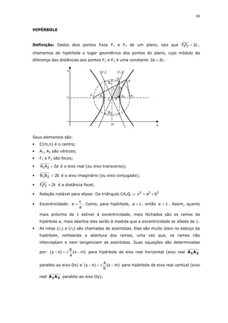 88
HIPÉRBOLE
Definição: Dados dois pontos fixos F1 e F2 de um plano, tais que c2FF 21 = ,
chamamos de hipérbole o lugar geométrico dos pontos do plano, cujo módulo da
diferença das distâncias aos pontos F1 e F2 é uma constante c2a2 < .
Seus elementos são:
• C(m,n) é o centro;
• A1, A2 são vértices;
• F1 e F2 são focos;
• a2AA 21 = é o eixo real (ou eixo transverso);
• b2BB 21 = é o eixo imaginário (ou eixo conjugado);
• c2FF 21 = é a distância focal;
• Relação notável para elipse: Do triângulo CA2Q ⇒ 222
bac +=
• Excentricidade:
a
c
e = . Como, para hipérbole, ca < , então 1e > . Assim, quanto
mais próximo de 1 estiver à excentricidade, mais fechados são os ramos da
hipérbole e, mais abertos eles serão à medida que a excentricidade se afasta de 1.
• As retas (r1) e (r2) são chamadas de assíntotas. Elas são muito úteis no esboço da
hipérbole, norteando a abertura dos ramos, uma vez que, os ramos não
interceptam e nem tangenciam as assíntotas. Suas equações são determinadas
por: )mx(
a
b
)ny( −±=− para hipérbole de eixo real horizontal (eixo real 21AA
paralelo ao eixo Ox) e )mx(
b
a
)ny( −±=− para hipérbole de eixo real vertical (eixo
real 21AA paralelo ao eixo Oy).
y
x
P
n
m
(r1)
F1 F2A1 A2
B2
B1
C a
c b
(r2)
Q
 
