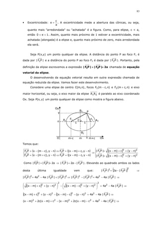 83
• Excentricidade:
a
c
e = . A excentricidade mede a abertura das cônicas, ou seja,
quanto mais "arredondada" ou "achatada" é a figura. Como, para elipse, c < a,
então 1e0 << . Assim, quanto mais próximo de 1 estiver a excentricidade, mais
achatada (alongada) é a elipse e, quanto mais próximo de zero, mais arredondada
ela será.
Seja P(x,y) um ponto qualquer da elipse. A distância do ponto P ao foco F1 é
dada por |PF| 1 e a distância do ponto P ao foco F2 é dada por |PF| 2 . Portanto, pela
definição da elipse escrevemos a expressão a2|PF||PF| 21 ====++++ chamada de equação
vetorial da elipse.
O desenvolvendo da equação vetorial resulta em outra expressão chamada de
equação reduzida da elipse. Vamos fazer este desenvolvimento.
Considere uma elipse de centro )n,m(C , focos )n,cm(F1 − e )n,cm(F2 + e eixo
maior horizontal, ou seja, o eixo maior da elipse 21AA é paralelo ao eixo coordenado
Ox. Seja )y,x(P um ponto qualquer da elipse como mostra a figura abaixo.
Temos que:
( ) ( )
( ) ( )



−−−=⇒−+−=
−+−=⇒−−−=
ny,c)mx(PFny),cm(xPF
ny,c)mx(PFny),cm(xPF
22
11 ⇒
[ ]
[ ]



−+−−=
−++−=
22
2
22
1
)ny(c)mx(|PF|
)ny(c)mx(|PF|
Como a2|PF||PF| 21 =+ ⇒ |PF|a2|PF| 21 −= . Elevando ao quadrado ambos os lados
desta última igualdade vem que: ( )2
2
2
1 |PF|a2|PF| −= ⇒
2
22
22
1 |PF||PF|a4a4|PF| +⋅−= ⇒ |PF|a4a4|PF||PF| 2
22
2
2
1 ⋅−=− ⇒
[ ] [ ] |PF|a4a4)ny(c)mx()ny(c)mx( 2
2
2
22
2
22
⋅−=





−+−−−





−++− ⇒
[ ] [ ] |PF|a4a4)ny(c)mx()ny(c)mx( 2
22222
⋅−=−−−−−−++− ⇒
|PF|a4a4c)mx(c2)mx(c)mx(c2)mx( 2
22222
⋅−=−−+−−+−+− ⇒
n
m
P
B2
B1
A1 A2
Oy
Ox
F1 F2C
c
O
c
m-c m+cx
y
 