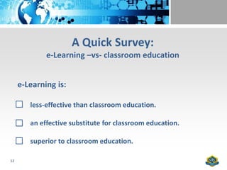 A Quick Survey:
              e-Learning –vs- classroom education


     e-Learning is:

     1. less-effective than classroom education.

     2. an effective substitute for classroom education.

     3. superior to classroom education.

12
 