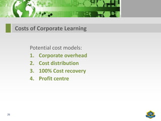Costs of Corporate Learning


          Potential cost models:
          1. Corporate overhead
          2. Cost distribution
          3. 100% Cost recovery
          4. Profit centre




26
 