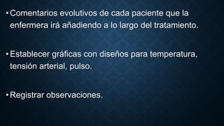 •Comentarios evolutivos de cada paciente que la 
enfermera irá añadiendo a lo largo del tratamiento. 
• Establecer gráficas con diseños para temperatura, 
tensión arterial, pulso. 
• Registrar observaciones. 
 