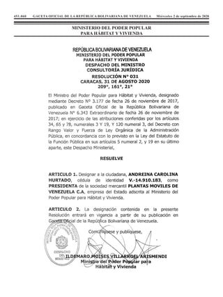 451.060 GACETA OFICIAL DE LA REPÚBLICA BOLIVARIANA DE VENEZUELA Miércoles 2 de septiembre de 2020
MINISTERIO DEL PODER POPULAR
PARA HÁBITAT Y VIVIENDA
 
