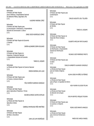 451.054 GACETA OFICIAL DE LA REPÚBLICA BOLIVARIANA DE VENEZUELA Miércoles 2 de septiembre de 2020
Refrendado
El Ministro del Poder Popular
de Pesca y Acuicultura
(L.S.)
JUAN LUIS LAYA RODRÍGUEZ
Refrendado
El Ministro del Poder Popular para
la Alimentación
(L.S.)
CARLOS AUGUSTO LEAL TELLERÍA
Refrendado
El Ministro del Poder Popular
de Petróleo
(L.S.)
TARECK EL AISSAMI
Refrendado
El Ministro del Poder Popular de
Desarrollo Minero Ecológico
(L.S.)
GILBERTO AMÍLCAR PINTO BLANCO
Refrendado
El Ministro del Poder Popular
de Planificación y Vicepresidente
Sectorial de Planificación
(L.S.)
RICARDO JOSÉ MENÉNDEZ PRIETO
Refrendado
El Ministro del Poder Popular para
la Salud
(L.S.)
CARLOS HUMBERTO ALVARADO GONZÁLEZ
Refrendado
La Ministra del Poder Popular
para los Pueblos Indígenas
(L.S.)
ALOHA JOSELYN NÚÑEZ GUTIÉRREZ
Refrendado
La Ministra del Poder Popular
para la Mujer y la Igualdad de Género
(L.S.)
ASIA YAJAIRA VILLEGAS POLJAK
Refrendado
La Ministra del Poder Popular
de Atención de las Aguas
(L.S.)
EVELYN BEATRIZ VÁSQUEZ FIGUERA
Refrendado
El Ministro del Poder Popular para
la Juventud y el Deporte
(L.S.)
PEDRO JOSÉ INFANTE APARICIO
Refrendado
La Ministra del Poder Popular
para el Servicio Penitenciario
(L.S.)
MARÍA IRIS VARELA RANGEL
para Relaciones Interiores, Justicia y Paz
y Vicepresidente Sectorial de Obras Públicas y Servicios
(L.S.)
NÉSTOR LUIS REVEROL TORRES
Refrendado
El Ministro del Poder Popular
para la Defensa y Vicepresidente Sectorial
de Soberanía Política, Seguridad y Paz
(L.S.)
VLADIMIR PADRINO LÓPEZ
Refrendado
El Ministro del Poder Popular para
la Comunicación e Información y Vicepresidente
Sectorial de Comunicación y Cultura
(L.S.)
JORGE JESÚS RODRÍGUEZ GÓMEZ
Refrendado
El Ministro del Poder Popular de Economía
y Finanzas
(L.S.)
SIMÓN ALEJANDRO ZERPA DELGADO
Refrendado
El Ministro del Poder Popular de
Industrias y Producción Nacional
y Vicepresidente Sectorial de Economía
(L.S.)
TARECK EL AISSAMI
Refrendado
La Ministra del Poder Popular de Comercio Nacional
(L.S.)
ENEIDA RAMONA LAYA LUGO
Refrendado
El Ministro del Poder Popular para
el Turismo y Comercio Exterior
(L.S.)
FÉLIX RAMÓN PLASENCIA GONZÁLEZ
Refrendado
El Ministro del Poder Popular
para la Agricultura Productiva y Tierras
(L.S.)
WILMAR ALFREDO CASTRO SOTELDO
Refrendado
La Ministra del Poder Popular de
Agricultura Urbana
(L.S.)
GABRIELA MAYERLING PEÑA MARTÍNEZ
Refrendado
El Ministro del Poder Popular
de Pesca y Acuicultura
(L.S.)
JUAN LUIS LAYA RODRÍGUEZ
Refrendado
El Ministro del Poder Popular para
 