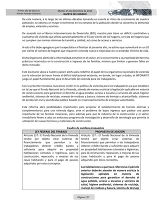 Primer año de Ejercicio
Primer Periodo Ordinario
Martes 15 de diciembre de 2015
GACETA DEL SENADO
Página 127
De esta manera, a lo largo de las últimas décadas tomando en cuenta el ritmo de crecimiento de nuestra
población, se observa un mayor crecimiento en los estratos de la población donde se concentra la demanda
de empleo, vivienda y servicios.
De acuerdo con el Banco Interamericano de Desarrollo (BID), nuestro país tiene un déficit cuantitativo y
cualitativo de vivienda que afecta aproximadamente al 35 por ciento de los hogares, se trata de hogares que
no cumplen con normas mínimas de tamaño y calidad, así como de acceso a servicios.
A esta cifra debe agregarse que la expectativa al finalizar el presente año, se estima que aumentará en un 10
por ciento el número de hogares que requieren vivienda nueva o mejorada con un estándar mínimo de vida.
Dicho Organismo alertó de la informalidad presente en el sector, en lo concerniente a la propiedad del terreno,
prácticas incorrectas en la construcción e ingresos de las familias, mismos que limitan o generan fallos en
dicho mercado.
Este escenario ubica a nuestro paísen alerta para redefinir el papel de los organismos nacionales de vivienda
con la intención de hacer frente al déficit habitacional existente, en donde, sin lugar a dudas, el INFONAVIT
juega un papel fundamental para el desarrollo de vivienda para los trabajadores.
Con la presente Iniciativa, buscamos incidir en la política de vivienda para los trabajadores ya que establece
en la Ley que el Fondo Nacional de la Vivienda, atienda de manera estricta la legislación aplicable en materia
de construcciones para garantizar el derecho al agua potable, acceso a escuelas y servicios de salud, higiene
ambiental, sistemas de reciclaje, manejo de residuos y basura, sistema de drenaje y alcantarillado, sistemas
de protección civil y alumbrado público basado en el aprovechamiento de energías sustentables.
Esta reforma abre posibilidades importantes para propiciar el establecimiento de fuentes alternas y
complementarias para una vivienda digna, ante el problema de bajos ingresos que padece una parte
importante de las familias mexicanas, pero además para que la industria de la construcción y el sector
inmobiliario lleven a cabo un ambicioso programa de investigación y desarrollo de tecnología que permita la
utilización de nuevas técnicas y materiales de construcción.
Cuadro de cambios propuestos
LEY FEDERAL DEL TRABAJO PROPUESTA DE ADICIÓN
Artículo 137.- El Fondo Nacional de la Vivienda
tendrá por objeto crear sistemas de
financiamiento que permitan a los
trabajadores obtener crédito barato y
suficiente para adquirir en propiedad
habitaciones cómodas e higiénicas, para la
construcción, reparación, o mejoras de sus
casas habitación y para el pago de pasivos
adquiridos por estos conceptos.
Artículo 137.- El Fondo Nacional de la Vivienda
tendrá por objeto crear sistemas de
financiamiento que permitan a los trabajadores
obtener crédito barato y suficiente para adquirir
en propiedad habitaciones cómodas e higiénicas,
para la construcción, reparación, o mejoras de sus
casas habitación y para el pago de pasivos
adquiridos por estos conceptos.
Las habitaciones a que hace referencia el párrafo
anterior deberán atender de manera estricta la
legislación aplicable en materia de
construcciones para garantizar el derecho al
agua potable, acceso a escuelas y servicios de
salud, higiene ambiental, sistemas de reciclaje,
manejo de residuos y basura, sistema de drenaje
 