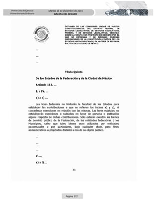 Primer año de Ejercicio
Primer Periodo Ordinario
Martes 15 de diciembre de 2015
GACETA DEL SENADO
Página 172
 