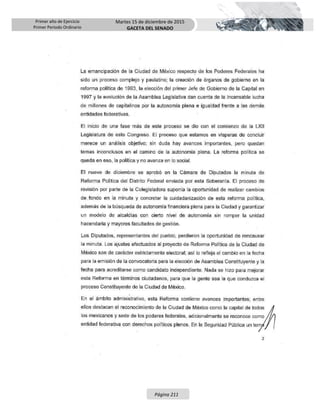 Primer año de Ejercicio
Primer Periodo Ordinario
Martes 15 de diciembre de 2015
GACETA DEL SENADO
Página 211
 