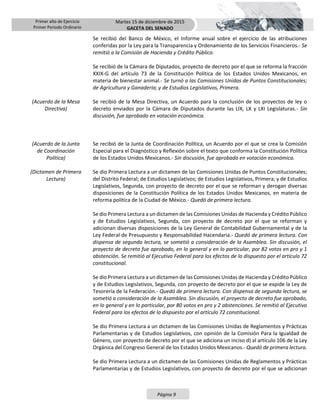 Primer año de Ejercicio
Primer Periodo Ordinario
Martes 15 de diciembre de 2015
GACETA DEL SENADO
Página 9
Se recibió del Banco de México, el Informe anual sobre el ejercicio de las atribuciones
conferidas por la Ley para la Transparencia y Ordenamiento de los Servicios Financieros.- Se
remitió a la Comisión de Hacienda y Crédito Público.
Se recibió de la Cámara de Diputados, proyecto de decreto por el que se reforma la fracción
XXIX-G del artículo 73 de la Constitución Política de los Estados Unidos Mexicanos, en
materia de bienestar animal.- Se turnó a las Comisiones Unidas de Puntos Constitucionales;
de Agricultura y Ganadería; y de Estudios Legislativos, Primera.
(Acuerdo de la Mesa
Directiva)
Se recibió de la Mesa Directiva, un Acuerdo para la conclusión de los proyectos de ley o
decreto enviados por la Cámara de Diputados durante las LIX, LX y LXI Legislaturas.- Sin
discusión, fue aprobado en votación económica.
(Acuerdo de la Junta
de Coordinación
Política)
Se recibió de la Junta de Coordinación Política, un Acuerdo por el que se crea la Comisión
Especial para el Diagnóstico y Reflexión sobre el texto que conforma la Constitución Política
de los Estados Unidos Mexicanos.- Sin discusión, fue aprobado en votación económica.
(Dictamen de Primera
Lectura)
Se dio Primera Lectura a un dictamen de las Comisiones Unidas de Puntos Constitucionales;
del Distrito Federal; de Estudios Legislativos; de Estudios Legislativos, Primera; y de Estudios
Legislativos, Segunda, con proyecto de decreto por el que se reforman y derogan diversas
disposiciones de la Constitución Política de los Estados Unidos Mexicanos, en materia de
reforma política de la Ciudad de México.- Quedó de primera lectura.
Se dio Primera Lectura a un dictamen de las Comisiones Unidas de Hacienda y Crédito Público
y de Estudios Legislativos, Segunda, con proyecto de decreto por el que se reforman y
adicionan diversas disposiciones de la Ley General de Contabilidad Gubernamental y de la
Ley Federal de Presupuesto y Responsabilidad Hacendaria.- Quedó de primera lectura. Con
dispensa de segunda lectura, se sometió a consideración de la Asamblea. Sin discusión, el
proyecto de decreto fue aprobado, en lo general y en lo particular, por 82 votos en pro y 1
abstención. Se remitió al Ejecutivo Federal para los efectos de lo dispuesto por el artículo 72
constitucional.
Se dio Primera Lectura a un dictamen de las Comisiones Unidas de Hacienda y Crédito Público
y de Estudios Legislativos, Segunda, con proyecto de decreto por el que se expide la Ley de
Tesorería de la Federación.- Quedó de primera lectura. Con dispensa de segunda lectura, se
sometió a consideración de la Asamblea. Sin discusión, el proyecto de decreto fue aprobado,
en lo general y en lo particular, por 80 votos en pro y 2 abstenciones. Se remitió al Ejecutivo
Federal para los efectos de lo dispuesto por el artículo 72 constitucional.
Se dio Primera Lectura a un dictamen de las Comisiones Unidas de Reglamentos y Prácticas
Parlamentarias y de Estudios Legislativos, con opinión de la Comisión Para la Igualdad de
Género, con proyecto de decreto por el que se adiciona un inciso d) al artículo 106 de la Ley
Orgánica del Congreso General de los Estados Unidos Mexicanos.- Quedó de primera lectura.
Se dio Primera Lectura a un dictamen de las Comisiones Unidas de Reglamentos y Prácticas
Parlamentarias y de Estudios Legislativos, con proyecto de decreto por el que se adicionan
 