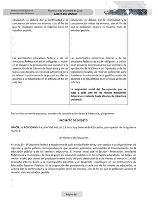 Primer año de Ejercicio
Primer Periodo Ordinario
Martes 15 de diciembre de 2015
GACETA DEL SENADO
Página 98
educación, se deberá dar la continuidad y la
concatenación entre los mismos, con el fin de
que la población alcance el máximo nivel de
estudios posible.
…
…
…
Las autoridades educativas federal y de las
entidades federativas están obligadas a incluir
en el proyecto de presupuesto que sometan a la
aprobación de la Cámara de Diputados y de las
legislaturas locales, los recursos suficientes para
fortalecer la autonomía de la gestión escolar de
acuerdo a lo establecido en el artículo 28 Bis de
esta Ley.
educación, se deberá dar la continuidad y la
concatenación entre los mismos, con el fin de
que la población alcance el máximo nivel de
estudios posible.
…
…
…
Las autoridades educativas federal y de las
entidades federativas están obligadas a incluir
en el proyecto de presupuesto que sometan a la
aprobación de la Cámara de Diputados y de las
legislaturas locales, los recursos suficientes para
fortalecer la autonomía de la gestión escolar de
acuerdo a lo establecido en el artículo 28 Bis de
esta Ley.
La asignación anual del Presupuesto que se
haga a cada uno de los niveles educativos
deberá ser creciente hasta alcanzar la cobertura
universal.
Por lo anteriormente expuesto, someto a la consideración de esta Soberanía, el siguiente:
PROYECTO DE DECRETO
ÚNICO. Se ADICIONAla fracción VIal artículo 25 de la Ley General de Educación, para quedar de la siguiente
manera:
Ley General de Educación
Artículo 25.- El Ejecutivo Federal y el gobierno de cada entidad federativa, con sujeción a las disposiciones de
ingresos y gasto público correspondientes que resulten aplicables, concurrirán al financiamiento de la
educación pública y de los servicios educativos. El monto anual que el Estado - Federación, entidades
federativas y municipios-, destine al gasto en educación pública y en los servicios educativos, no podrá ser
menor a ocho por ciento del producto interno bruto del país, destinado de este monto, al menos el 1% del
producto interno bruto a la investigación científica y al desarrollo tecnológico en las Instituciones de
Educación Superior Públicas. En la asignación del presupuesto a cada uno de los niveles de educación, se
deberá dar la continuidad y la concatenación entre los mismos, con el fin de que la población alcance el
máximo nivel de estudios posible.
…
…
 