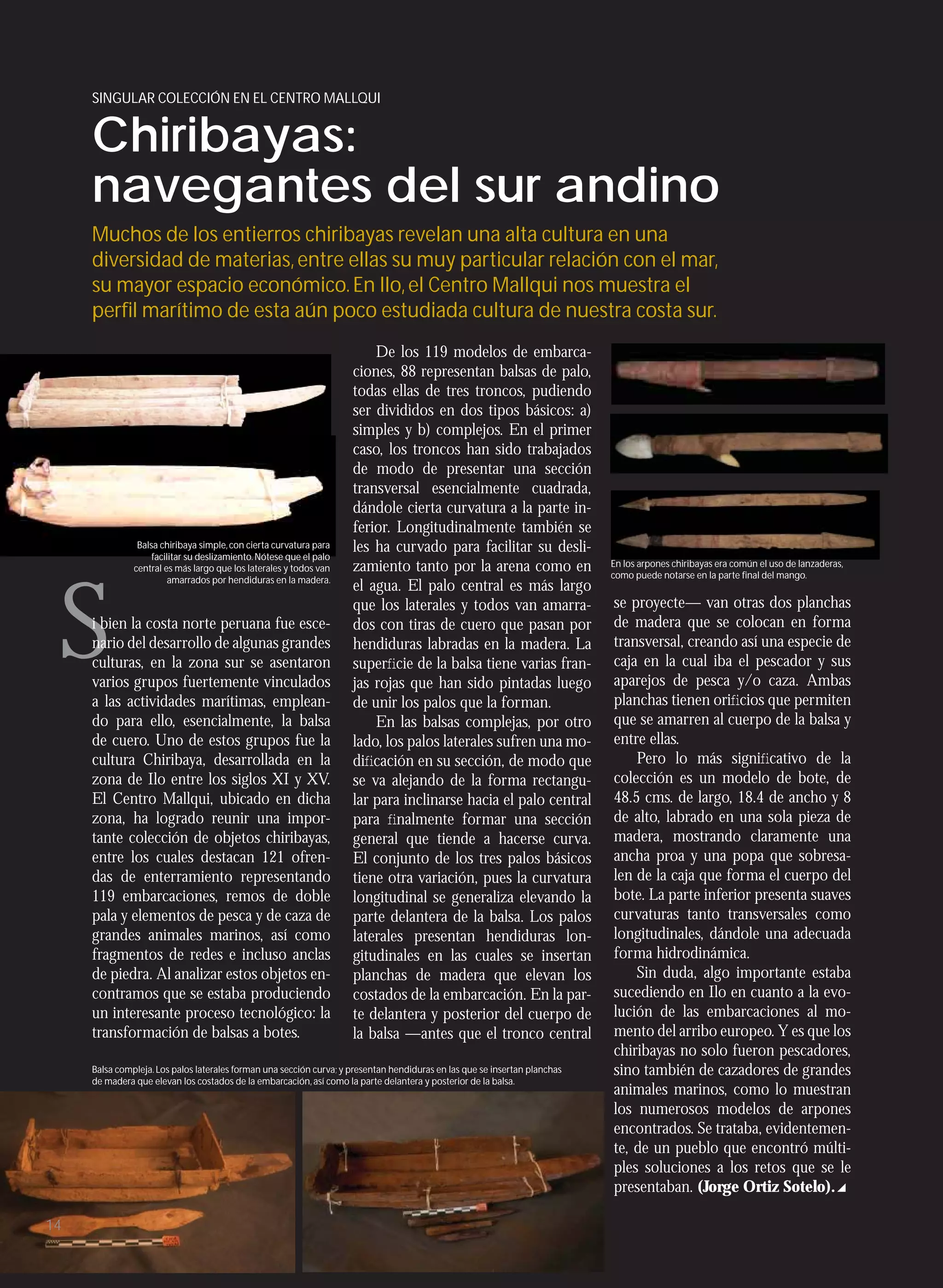 SINGULAR COLECCIÓN EN EL CENTRO MALLQUI


     Chiribayas:
     navegantes del sur andino
     Muchos de los entierros chiribayas revelan una alta cultura en una
     diversidad de materias, entre ellas su muy particular relación con el mar,
     su mayor espacio económico. En Ilo, el Centro Mallqui nos muestra el
     perﬁl marítimo de esta aún poco estudiada cultura de nuestra costa sur.
                                                                         De los 119 modelos de embarca-
                                                                     ciones, 88 representan balsas de palo,
                                                                     todas ellas de tres troncos, pudiendo
                                                                     ser divididos en dos tipos básicos: a)
                                                                     simples y b) complejos. En el primer
                                                                     caso, los troncos han sido trabajados
                                                                     de modo de presentar una sección
                                                                     transversal esencialmente cuadrada,
                                                                     dándole cierta curvatura a la parte in-
                                                                     ferior. Longitudinalmente también se
                Balsa chiribaya simple, con cierta curvatura para    les ha curvado para facilitar su desli-
                    facilitar su deslizamiento. Nótese que el palo
               central es más largo que los laterales y todos van    zamiento tanto por la arena como en                    En los arpones chiribayas era común el uso de lanzaderas,




 S
                         amarrados por hendiduras en la madera.                                                             como puede notarse en la parte ﬁnal del mango.
                                                                     el agua. El palo central es más largo
                                                                     que los laterales y todos van amarra-                  se proyecte— van otras dos planchas
     i bien la costa norte peruana fue esce-                         dos con tiras de cuero que pasan por                   de madera que se colocan en forma
     nario del desarrollo de algunas grandes                         hendiduras labradas en la madera. La                   transversal, creando así una especie de
     culturas, en la zona sur se asentaron                           superﬁcie de la balsa tiene varias fran-               caja en la cual iba el pescador y sus
     varios grupos fuertemente vinculados                            jas rojas que han sido pintadas luego                  aparejos de pesca y/o caza. Ambas
     a las actividades marítimas, emplean-                           de unir los palos que la forman.                       planchas tienen oriﬁcios que permiten
     do para ello, esencialmente, la balsa                               En las balsas complejas, por otro                  que se amarren al cuerpo de la balsa y
     de cuero. Uno de estos grupos fue la                            lado, los palos laterales sufren una mo-               entre ellas.
     cultura Chiribaya, desarrollada en la                           diﬁcación en su sección, de modo que                       Pero lo más signiﬁcativo de la
     zona de Ilo entre los siglos XI y XV.                           se va alejando de la forma rectangu-                   colección es un modelo de bote, de
     El Centro Mallqui, ubicado en dicha                             lar para inclinarse hacia el palo central              48.5 cms. de largo, 18.4 de ancho y 8
     zona, ha logrado reunir una impor-                              para ﬁnalmente formar una sección                      de alto, labrado en una sola pieza de
     tante colección de objetos chiribayas,                          general que tiende a hacerse curva.                    madera, mostrando claramente una
     entre los cuales destacan 121 ofren-                            El conjunto de los tres palos básicos                  ancha proa y una popa que sobresa-
     das de enterramiento representando                              tiene otra variación, pues la curvatura                len de la caja que forma el cuerpo del
     119 embarcaciones, remos de doble                               longitudinal se generaliza elevando la                 bote. La parte inferior presenta suaves
     pala y elementos de pesca y de caza de                          parte delantera de la balsa. Los palos                 curvaturas tanto transversales como
     grandes animales marinos, así como                              laterales presentan hendiduras lon-                    longitudinales, dándole una adecuada
     fragmentos de redes e incluso anclas                            gitudinales en las cuales se insertan                  forma hidrodinámica.
     de piedra. Al analizar estos objetos en-                        planchas de madera que elevan los                          Sin duda, algo importante estaba
     contramos que se estaba produciendo                             costados de la embarcación. En la par-                 sucediendo en Ilo en cuanto a la evo-
     un interesante proceso tecnológico: la                          te delantera y posterior del cuerpo de                 lución de las embarcaciones al mo-
     transformación de balsas a botes.                               la balsa —antes que el tronco central                  mento del arribo europeo. Y es que los
                                                                                                                            chiribayas no solo fueron pescadores,
     Balsa compleja. Los palos laterales forman una sección curva; y presentan hendiduras en las que se insertan planchas   sino también de cazadores de grandes
     de madera que elevan los costados de la embarcación, así como la parte delantera y posterior de la balsa.
                                                                                                                            animales marinos, como lo muestran
                                                                                                                            los numerosos modelos de arpones
                                                                                                                            encontrados. Se trataba, evidentemen-
                                                                                                                            te, de un pueblo que encontró múlti-
                                                                                                                            ples soluciones a los retos que se le
                                                                                                                            presentaban. (Jorge Ortiz Sotelo).

14
 