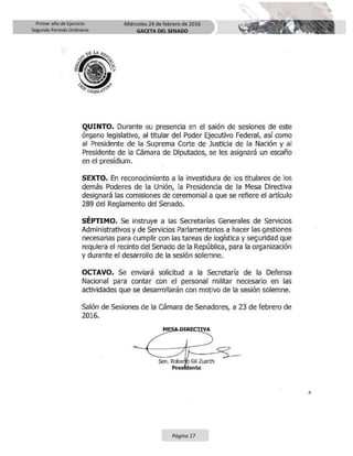 Primer año de Ejercicio
Segundo Periodo Ordinario
Miércoles 24 de febrero de 2016
GACETA DEL SENADO
Página 17
 