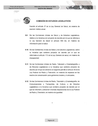 Primer año de Ejercicio
Segundo Periodo Ordinario
Miércoles 24 de febrero de 2016
GACETA DEL SENADO
Página 63
 