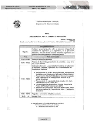 Primer año de Ejercicio
Segundo Periodo Ordinario
Miércoles 24 de febrero de 2016
GACETA DEL SENADO
Página 72
 
