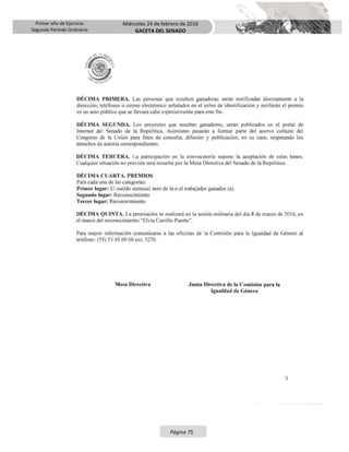 Primer año de Ejercicio
Segundo Periodo Ordinario
Miércoles 24 de febrero de 2016
GACETA DEL SENADO
Página 75
 