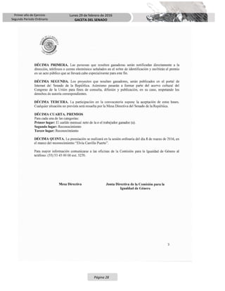 Primer año de Ejercicio
Segundo Periodo Ordinario
Lunes 29 de febrero de 2016
GACETA DEL SENADO
Página 28
 