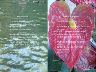 Sección: Literaria Sección: Literaria
7 8
Pensamiento
Ausentas mi pensamiento
navegando en tu hermoso cuerpo
delicado, tibio.
Radiante de vida, de luz.
El sentirte cerca, me estremece
alienta mis deseos de amarte
encendiendo tu cuerpo, hacerte
sentir con mis caricias la
ternura de abrir tu ser, tu corazón.
Acariciando plácidamente tu piel
dejando llevar los sentires.
Autor: rabbish
Fotografía: JAE
Seguiré amándote
Seguiré pensando día a día en ti.
Hablar con mi silencio de lo hermosa
que eres.
Gritar tu nombre con tanta fuerza
que los silencios escuchen
se den cuenta de mi amor por ti.
Murmurare tus besos, tus caricias
tu ser.
Porque mi silencio es un grito
un grito de amor
por ti.
Autor: rabbish
Fotografía: JAE
Sección: Literaria
 