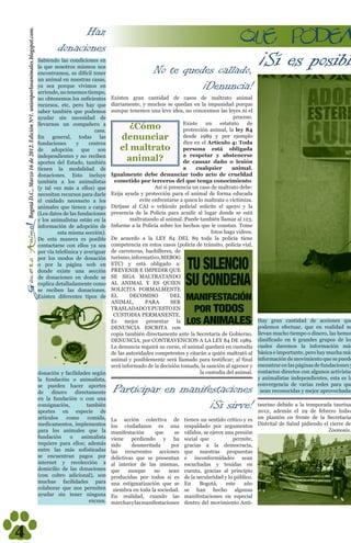 Bogotá D.C., Marzo 16 de 2012. Edición Nª1. unionporlosanimales.blogspot.com.                 Haz
                                                                                            donaciones
                                                                                    Sabiendo las condiciones en
                                                                                    la que nosotros mismos nos
                                                                                    encontramos, es difícil tener                     No te quedes callado,
                                                                                                                                                            ¡Sí es posibl
                                                                                    un animal en nuestras casas,
                                                                                    ya sea porque vivimos en
                                                                                    arriendo, no tenemos tiempo,
                                                                                                                                                           ¡Denuncia!
                                                                                    no obtenemos los suficientes  Existen gran cantidad de casos de maltrato animal
                                                                                    recursos, etc, pero hay que   diariamente, y muchos se quedan en la impunidad porque
                                                                                    saber también que podemos     aunque tenemos una leve idea, no conocemos las leyes ni el
                                                                                    ayudar sin necesidad de                                                              proceso.
                                                                                                                                                   Existe    un    estatuto   de
                                                                                    llevarnos un compañero a
                                                                                                             casa.
                                                                                                                          ¿Cómo                    protección animal, la ley 84
                                                                                    En general, todas las              denunciar                   desde 1989 y por ejemplo
                                                                                    fundaciones      y     centros                                 dice en el Artículo 4: Toda
                                                                                    de    adopción      que    son     el maltrato                 persona está obligada
                                                                                                                                                   a respetar y abstenerse
                                                                                    independientes y no reciben
                                                                                    aportes del Estado, también
                                                                                                                         animal?                   de causar daño o lesión
                                                                                    tienen la modalidad de                                         a     cualquier      animal.
                                                                                    donaciones. Esto incluye      Igualmente debe denunciar todo acto de crueldad
                                                                                    también a los animalistas      cometido por terceros del que tenga conocimiento.
                                                                                    (y tal vez más a ellos) que                       Así si presencia un caso de maltrato debe:
                                                                                    necesitan recursos para darle Exija ayuda y protección para el animal de forma educada
                                                                                    el cuidado necesario a los                 evite enfrentarse a quien lo maltrata o victimiza.
                                                                                    animales que tienen a cargo   Diríjase al CAI o vehículo policial solicite el apoyo y la
                                                                                    (Los datos de las fundaciones presencia de la Policía para acudir al lugar donde se está
                                                                                    y los animalistas están en la          maltratando al animal. Puede también llamar al 123.
                                                                                    información de adopción de    Informe a la Policía sobre los hechos que le constan. Tome
                                                                                             esta misma sección).                                              fotos haga videos.
                                                                                    De esta manera es posible     De acuerdo a la LEY 84 DEL 89 toda la policía tiene
                                                                                    contactarse con ellos ya sea  competencia en estos casos (policía de tránsito, policía vial,
                                                                                    por vía telefónica y averiguarde carreteras, bachilleres, de
                                                                                    por los modos de donación     turismo, informativo, MEBOG
                                                                                    o por la página web en        ETC) y está obligado a:
                                                                                    donde existe una sección      PREVENIR E IMPEDIR QUE
                                                                                    de donaciones en donde se     SE SIGA MALTRATANDO
                                                                                    explica detalladamente como   AL ANIMAL Y ES QUIEN
                                                                                    se reciben las donaciones.    SOLICITA FORMALMENTE
                                                                                    Existen diferentes tipos de   EL      DECOMISO            DEL
                                                                                                                  ANIMAL,        PARA         SER
                                                                                                                  TRASLADADO Y PUESTO EN
                                                                                                                   CUSTODIA PERMANENTE.
                                                                                                                  Es mejor presentar la                                             Hay gran cantidad de acciones que
                                                                                                                  DENUNCIA ESCRITA con                                              podemos efectuar, que en realidad no
                                                                                                                  copia también directamente ante la Secretaría de Gobierno.        llevan mucho tiempo o dinero, las hemos
                                                                                                                  DENUNCIA, por CONTRAVENCION A LA LEY 84 DE 1989.                  clasificado en 6 grandes grupos de los
                                                                                                                  La denuncia seguirá su curso, el animal quedará en custodia       cuales daremos la información más
                                                                                                                  de las autoridades competentes y citarán a quién maltrató al      básica e importante, pero hay mucha más
                                                                                                                  animal y posiblemente será llamado para testificar; al final      información de movimiento que se puede
                                                                                                                  será informado de la decisión tomada, la sanción al agresor y     encontrar en las páginas de fundaciones y
                                                                                    donación y facilidades según                                          la custodia del animal.   contactos directos con algunos activistas
                                                                                    la fundación o animalista,                                                                      y animalistas independientes, esta es la
                                                                                                                                                                                    convergencia de varias redes para que
                                                                                    se pueden hacer aportes
                                                                                    de    dinero    directamente     Participar en manifestaciones                                    sean reconocidas y mejor aprovechadas
                                                                                    en la fundación o con una
                                                                                    consignación,
                                                                                    aportes en especie de
                                                                                                         también                        ¡Sí sirve!                                  taurino debido a la temporada taurina
                                                                                                                                                                                    2012, además el 29 de febrero hubo
                                                                                    artículos   como     comida, La acción colectiva de tienen un sentido crítico y es              un plantón en frente de la Secretaria
                                                                                    medicamentos, implementos los ciudadanos es una respaldado por argumentos                       Distrital de Salud pidiendo el cierre de
                                                                                    para los animales que la manifestación            que      se válidos, se ejerce una presión                                  Zoonosis.
                                                                                    fundación    o     animalista viene perdiendo y ha social 	que                       permite,
                                                                                    requiere para ellos; además sido       desmeritada        por gracias a la democracia,
                                                                                    entre las más sofisticadas las recurrentes acciones que nuestras propuestas
                                                                                    se encuentran pagos por delictivas que se presentan e inconformidades sean
                                                                                    internet y recolección a al interior de las mismas, escuchadas y tenidas en
                                                                                    domicilio de las donaciones que       aunque      no     sean cuenta, gracias al principio
                                                                                    (con cobro adicional), son producidas por todos si es de la secularidad y lo público.
                                                                                    muchas facilidades para una estigmatización que se En                 Bogotá,     este   año
                                                                                    colaborar que nos permiten siembra en toda la sociedad. se han hecho algunas
                                                                                    ayudar sin tener ninguna En realidad, cuando las manifestaciones en especial
                                                                                                          excusa. marchas y las manifestaciones dentro del movimiento Anti-




4
 