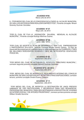 ACUERDO Nº06
                                 Marzo (24) de 2012

6.- “POR MEDIO DEL CUAL SE LE CONCEDEN FACULTADES AL ALCALDE MUNICIPAL
DE SAN LUIS ANTIOQUIA PARA REALIZAR EMPRÉSTITOS”. Ponente concejala Miriam
Sorandy Guzmán González

                                 ACUERDO Nº 07
                                 Mayo (24) de 2012

“POR EL CUAL SE FIJA LA ASIGNACIÓN SALARIAL                  MENSUAL AL ALCALDE
MUNICIPAL”, Ponente concejal Rodrigo Martínez Suarez.

                                  ACUERDO Nº 08
                                  Junio (09) 2012

“POR CUAL SE ADOPTA EL PLAN DE DESARROLLO “SAN LUIS EMPRENDEDOR
Y PARTICIPATIVO 2012-2015”, ponente Concejal Arnulfo Gómez Gómez, El Plan de
Desarrollo Municipal para el cuatrienio tiene un costo para ejecutar de CUARENTA Y TRES
MIL MILLONES DOSCIENTOS OCHENTA Y SEIS MIL SETECIENTOS VEINTIOCHO
PESOS M/L

                                 ACUERDO Nº 09
                                Septiembre (08) 2012

“POR MEDIO DEL CUAL SE ACTUALIZA EL ESTATUTO TRIBUTARIO MUNICIPAL”,
comisión segunda ponente concejala Sarandí Guzmán González

                               ACUERDO Nº10 DE 2012
                                Septiembre (08) 2012

“POR MEDIO DEL CUAL SE MODIFICA EL REGLAMENTO INTERNO DEL CONCEJO
MUNICIPAL DE SAN LUIS ANTIOQUIA Y SE DICTAN OTRAS DISPOSICIONES, comisión
tercera, ponente concejala Omaira Suarez Castaño

                                  ACUERDO Nº 11
                                Septiembre (08) 2012

 “POR MEDIO DEL CUAL SE MODIFICA LA DESTINACIÓN DE UNOS PREDIOS
URBANOS DE USO INSTITUCIONAL Y RECREATIVO PARA USO RESIDENCIAL
PROPIEDAD DEL MUNICIPIO; PARA SER DESTINADOS A PROYECTOS DE VIVIENDA
DE INTERÉS SOCIAL Y DE INTERÉS PRIORITARIO”, comisión primera ponente concejal
William Giradlo Quinchia




             8
 