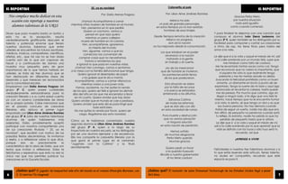 EL REPORTAJE EL REPORTAJE
¿Sabías qué? El jugador de basquetbol más alto del mundo es el rumano Gheorghe Muresan, con
2. 31 metros ¡Te imaginas!
¿Sabías qué? El luchador de sumo Emmanuel Yarborough de los Estados Unidos llegó a pesar
363 kilos.6 7
Nos complace mucho dedicar en esta
ocasión este reportaje a nuestros
alumnos talentosos de la URSS
Dicen que para muestra basta un botón y
esta no es la excepción, resulta
verdaderamente gratificante descubrir el
talento y potencial enorme que tienen
nuestros alumnos. Sabemos que entre
ustedes se encuentran los futuros escritores,
médicos, músicos, compositores, científicos,
atletas, etc., que tal vez no se han dado
cuenta aún de lo que son capaces de
hacer y a continuación les damos una
muestra muy pequeña, pero de gran
importancia de lo que hemos hallado en
ustedes, se trata de tres alumnos que se
han destacado en diferentes áreas de
desarrollo y que merecen ser reconocidos
por la comunidad escolar.
Empezamos con Dalia Arenas Fragoso del
grupo 2º C, quien posee cualidades
verdaderamente extraordinarias para la
creación literaria y a su corta edad cuenta
ya con un acervo considerable de obras
de su propia autoría. Cabe mencionar que
en el pasado concurso de calaveras
literarias, ella obtuvo el primer lugar
empatada con Lilian Aime Jiménez Ramírez
del grupo 3º A (otra de nuestras talentosas
alumnas de quien hablaremos más
adelante). Dalia, amablemente aceptó
participar con nosotros compartiendo una
de sus creaciones titulada “ 25, ya es
navidad”, que escribió con motivo de las
pasadas fiestas decembrinas. Te invitamos
a leerlo, y a reflexionar sobre lo que dice,
porque esa es precisamente la
característica de la obra de Dalia, que son
textos que invitan a reflexionar. Dalia te
felicitamos y esperamos que esta no sea la
única vez que nos permites publicar tus
creaciones en la Gaceta Escolar.
25, ya es navidad
Por: Dalia Arenas Fragoso
¡Vamos! Acompáñame a cenar
mientras niños mueren de hambre en el mundo.
Ven, pensemos en lo que pediré.
Quiero un cachorro, vamos a
pensar en que raza quiero
mientras un perro callejero
muere de hambre en mi colonia.
Ven, acompáñame, ignoremos
la miseria del mundo.
Ven, sígueme, vamos a que los
comercios nos convenzan de
comprar cosas que no necesitamos.
Vamos a vendarnos los ojos
e ignorar lo que pasa en nuestras vidas.
¡Vamos! Ven conmigo, vamos a sentarnos
a la mesa con la familia disfuncional que tengo.
Quiero ignorar el desempleo de papá
y los golpes que le da a mamá.
Acompáñame, vamos a cantar villancicos
mientras violan a una joven más.
Vamos, ayúdame, no me quites la venda
de los ojos, quiero ser feliz e ignorar los demás
días del año en los que me encerraba a llorar
en mi cuarto. Quiero olvidar que hay dolor.
Quiero olvidar que el mundo se cae a pedazos.
Quiero olvidar que este día es para fingir que
todo está bien.
No me quites la venda por favor, quiero ser
ciego. Regálame eso esta navidad.
Cómo ya te habíamos comentado, nuestra
segunda alumna es Lilian Aime Jiménez Ramírez
del grupo 3º A, quien a lo largo de su
trayectoria en nuestra escuela, se ha distinguido
por ser una alumna ejemplar y de excelencia.
Ella nos comparte la calaverita literaria con la
que ganó el primer lugar en el certamen
“Jugando con la Catrina” y la tituló
sencillamente:
Calaverita al país
Por: Lilian Aime Jiménez Ramírez
México ha sido
un país de grandes personajes,
en estos tiempos ya no han existido
hombres de esos linajes.
Desde tiempos remotos de la creación
México no progresó,
aún así la nación
no ha mejorado desde la consumación.
Los que estaban en el poder
arruinaron a la nación
matando a la gente
sin trabajo y sin suerte.
¡Ay de los mexicanos!
que de hambre se murieron,
los panteones están llenos
de los que padecieron.
Esta situación se daba
por la falta de recursos
y la parca se esforzaba
enterrando a los difuntos.
Sálvanos Catrina
de todas las reformas
que se dan día con día
en esta sociedad de ruinas.
Pura muerte y destrucción
que no vemos salvación
ni ninguna solución
en esta nación de perdición.
Hemos sufrido
de muchas desgracias
Peña Nieto querido
Muchas gracias
Quiero pedir un favor
a la querida huesuda
llévate a nuestro gobernador
él no tiene cordura
Gracias Peña Nieto
por nuestra situación
todo está igualito
como cuando comenzó.
Y para finalizar te dejamos con una canción que
compuso el alumno Iván Sierra Ledesma del
grupo 2º E, quien también se ha distinguido por su
facilidad para componer y cantar sus creaciones
a ritmo de rap. No tiene título pero habla del
amor a la vida.
Le dije que sí a la vida y saqué el miedo de mí, salí
a la calle sonriendo por un mundo feliz, supe que
me miraban como falto de cordura.
Me he levantado tantas veces como caí. Tengo
que reconocer que no valoro lo importante, que
ni siquiera he visto lo que realmente tengo
adelante y me he metido donde no debía,
buscando la felicidad prohibida como un buen
amante, un diamante en bruto a punto de ser
explotado. Tengo la suerte de mi lado y aquí sigo
estancado sin levantar la cabeza, hasta querer
me da pereza. Por mucho que camino, sigo sin
llegar a ningún lado, si te digo que vivo feliz te
miento, hace tiempo que no le encuentro humor
a la vida, lo siento, sé que tengo un don y es que
soy buena persona. No hay demora cuando
tratas de seguir un sueño, nadie me dijo que era
tan difícil, de pequeño no perdonas cuando está
tu reflejo. Es extraño, nadie ha sabido lo que ha
perdido de pequeño hasta que lo añora.
Le dije que sí a la vida y saqué el miedo de mí,
salí a la calle sonriendo por lo que aprendí: que la
vida se disfruta con los tuyos y sólo tuyo será tu
recuerdo, así que
¡APRENDE A VIVIR!
Felicidades a nuestros tres talentosos alumnos y si
tú que estás leyendo este artículo, tienes talento,
no dudes en compartirlo, recuerda que este
espacio es para ti.
 