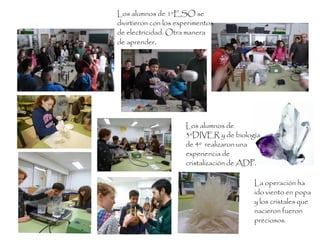 Los alumnos de 1ºESO se
divirtieron con los experimentos
de electricidad. Otra manera
de aprender.
Los alumnos de
3ºDIVER y de biología
de 4º realizaron una
experiencia de
cristalización de ADP.
La operación ha
ido viento en popa
y los cristales que
nacieron fueron
preciosos.
 