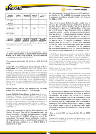 lo tiene todo. Barrancabermeja
GOBIERNODISTRITAL1
CAPACIDAD
IN S TA LA D A DE
G ENERACION
DESDE 0 Y
H ASTA 20 M W
(C1)
M AYOR QUE 20
Y HASTA 50 M W
(C2)
M AYO R QUE
50 Y HASTA
100 MW (C3)
M AYO R QUE
100 M W (C4)
Q /= C A R G A
P A R A
I M P U E S T O
Q 1 = 0 0 1 x C 1 Q 2 = 0 0 1 5 b x C 2 Q 3 = 0 . 0 2 5 x C 3 Q 4 = 0 . 0 3 x C 4
C O N S U M O
A N U A L P A R A
A L U M B R A D O
E N K W - H O R A
K W H =3 6 0 x 12
x Q 1
K W H =3 6 0 x 1 2 x
Q2
K W H =3 6 0 x 12
x Q 3
K W H =3 6 0 x 1 2 x
Q 4
V A L O R E N
P E S O S D E L K W -
H O R A
T T T T
V I A = V A L O R
A N U A L D E L
I M P U E S T O D E
V I A = T x K W H V I A = T x K W H V I A = T x K W H V I A = T x K W H
c o n t o p e
m á x i m o d e
c o n t o p e
m á x i m o d e
c o n t o p e
m á x i m o d e
c o n t o p e
m á x i m o d e
m e n s u a l e s m e n s u a l e s m e n s u a l e s m e n s u a l e s
(...) (Negrilla y subrayado fuera de texto).
Donde:
VIA= Valor anual del impuesto de alumbrado público a pagar.
Los valores topes indicados se incrementarán anualmente de
acuerdo con la variación del índice de precios al productor.
(.../'(Negrilla y subrayado fuera de texto).
•Por su parte, el artículo 351 de la Ley 1819 de 2016
señala:
"Artículo 351. Límite del Impuesto Sobre el Servicio de Alum­
brado Público. En la determinación del valor del impuesto a
recaudar, los municipios y distritos deberán considerar como
criterio de referencia el valor total de los costos estimados de
prestación en cada componente de servicio. Los Municipios v
Distritos deberán realizar un estudio técnico de referencia de
determinación do costos de la prestación del servicio de alum­
brado público, de conformidad con la metodología para la
determinación de costos establecida por el Ministerio de Minas
y Energía, o la entidad que delegue el Ministerio." (Subrayado
fuera de texto).
•Que el Decreto 943 de 2018 reglamentarlo do la Ley
1819 de 2016, en su artículo 2.2.3.6.1.3. dispone:
"Artículo 2.2.3.6.I.3. Estudio Técnico de Referencia. De confor­
midad con lo dispuesto en elartículo 351 de la Ley 1019do 2016,
los municipios y distritos deberán realizar, dentro do un plazo
razonable, un estudio técnico de referencia de determinación
do costos estimados do prestación en cada actividad del servi­
cio do alumbrado público, que deberá mantenerse público.
en la página web del ente territorialy contendrá como mínimo
lo siguiente (...)"
• Que en consecuencia, a efectos de la expedición del
Estatuto Tributario Distrital de Barrancabermeja, fue
necesario adoptar y compilar las disposiciones incluidas
en el Acuerdo No. 022 de 2005 referentes a la tarifa del
Impuesto de Alumbrado Público sin hacerles modifica­
ción alguna, hasta tanto no se efectúen losrespectivos
estudios técnicos exigidos en la Ley 1819 de 2016 y el
Decreto 943 de 2018.
De esta manera el contenido del artículo 273 del Acuer­
do Distrital No. 015 de 2020, corresponde en esencia a
lo dispuesto en el literal (e) del artículo 3 del Acuerdo
No. 022 de 2005.
•Que en el Segundo Debate llevado a cabo ante la
Plenaria del Honorable Concejo Distrital de Barranca-
bermeja durante los días 20, 21, 22, 23 y 24 de diciembre
de 2020, para la discusión y votación sobre el Proyecto
No. 023 de 2020, se dejó constancia sobre las distintas
argumentaciones jurídicas1que propiciaron la aproba­
ción del artículo 273 del proyecto de acuerdo, converti­
do después de su sanción en Acuerdo No. 015 de 2020,
haciendo claridad que la disposición actual correspon­
día en su totalidad a la disposición vigente y contenida
en el Acuerdo No. 022 de 2005, a causa de la imposibili­
dad de fijar tarifas distintas en el escenario que se deba­
tía por ausencia de cumplimiento de los requisitos
expresamente dispuestos en la Ley que rige la materia,
para ello se resaltan algunas de dichas intervenciones:
4.45.32 "Estas tarifas vienen desde el acuerdo No. 022 de
2005y no ha sufrido modificación (...) este articulo específica­
mente necesita de un estudio técnico, un estudio financiero (...)
Para poder modificar las tarifas sea cualsea la tarifa específica­
mente en alumbrado se necesita primero hacer este estudio
de costos." (Dr. Alberto E. González Mebarak - Asesor Jurídico
Externo del Distrito de Barrancabermeja)
5.15.15 "el espíritu de este (acuerdo) fue hacer una recopilación
(...)" (H. concejal Luís Manuel Toro)
5.27.10 "En este momento en este debate no sería posible
hacer o establecer estas tarifas teniendo en cuenta que la Ley
(Ley 1819 de 2016) establece el estudio técnico financiero para
poderlo hacer (...) Entonces el establecer las tarifas como están
no fue un capricho de la administración, fue frente al estudio
que en su momento realizaron para poder determinar el valor
que hoy día como Gobierno se está presentado, que es el
mismo que viene años atrás. " (Dra. Carmen Celina Ibañez -
Asesora Jurídica del Distrito de Barrancabermeja)
•Que el valor anual del impuesto de Alumbrado Público
y los topes máximos mensuales fijados en el literal (e)
del artículo 3 del Acuerdo No. 022 de 2005, han sido
indexados anualmente a efectos de mantener su vigen­
cia y referencia monetaria tal como quedó establecido
en el mismo artículo citado, donde VIA corresponde al
Valor anual del impuesto de alumbrado público a pagar.
Los valores topes indicados se incrementarán anual­
mente de acuerdo con la variación del índice de precios
al productor.
•Que el artículo 585 del Acuerdo No. 015 de 2020,
dispone:
1 intervenciones contenidas en la grabación del debate del día 22-12-20
Proyecto de acuerdo 023 - 202 0 #-4. Ver en: https://www.youtube.com /wat-
ch?v=v4B115Yg7Kw&t=14388s
129
 