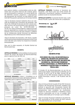 lo tiene todo. Barrancabermeja
o distritalO
para realizar créditos y contracréditos entre los dife­
rentes tipos de gastos (Servicio de la deuda, gastos
de funcionamiento e inversión). Así mismo dentro de
los diferentes sectores, programas y subprogramas
del presupuesto de inversión, sin que afecte el valor
total del Presupuesto aprobado por el Concejo Distrital.
•Que la Secretaria General mediante oficio con radi­
cado de recibido de la Secretaria de Hacienda y del
Tesoro No. 0019 del 05 de enero de 2021, solicita acre­
ditar recursos de funcionamiento para garantizar los
procesos en curso No. SA-MC-016-2020 y
SA-MC-017-2020 correspondiente a vigilancia privada
para las dependencias y predios de ía Administración
Distrital y para el servicio de aseo, limpieza y cafetería
de las instalaciones donde funcionan las diferentes
dependencias de la Administración Distrital.
•Que la Secretaria de Hacienda y del Tesoro, expidió
certificado de disponibilidad presupuestal el día 05 de
enero del 2021, para realizar los respectivos traslados
presupuéstales.
Que, por lo antes expuesto, el Alcalde Distrital de
Barrancabermeja.
DECRETA:
ARTÍCULO PRIMERO: Contracredítese el presupuesto
General de Gastos del Distrito de Barrancabermeja,
para la vigencia fiscal de 2021, así;
RUBRO CONCEPTO FUENTE VALOR
2 GASTOS SECCION 04 ALCALDIA MUNICIPAL 666.320.616,00
2.1 GASTOS DE FUNCIONAMIENTO 686.326.618.00
2.1.01 ADMINISTRACION CENTRAL 606.326 618,00
2.1.01.2 Adquisición de bienes y servicios 606.326.618,00
2.1.01.2.02 Adquisiciones diferentes de activos 66P.326.618,00
2.1.01.2.02.02 Adquisición de servicios 686.326.618,00
2.1.01.2.02.02.008
Servicios prestados a las empresas y servicios de
producción
686.326.618,00
2.1.01.2 02.02 008-852 Servicios de investigación y seguridad
RECURSOS
PROPIOS
519.760 956,00
2.1.01.2.02.02.008-853 Servicios de limpieza
RECURSOS
PROPIOS
166.565.662,00
TOTAL CONTRACREDITOS
686.326.618,00
ARTICULO SEGUNDO: Créase y Acredítese en el
presupuesto General de Gastos del Distrito de Barran­
cabermeja, para la vigencia fiscal de 2021 así:
RUBRO CONCEPTO FUENTE VALOR
2 GASTOS SECCION 04 ALCALDIA MUNICIPAL 686.326.618,00
2.1 GASTOS DE FUNCIONAMIENTO 686.326.618,00
2.1.01 ADMINISTRACION CENTRAL 686.326.618,00
2.1.01.2 Adquisición de bienes y servicios 686.326.618,00
2.1.01.2.02 Adquisiciones diferentes de activos 686.326.618,00
2.1.01.2.02.02 Adquisición de servicios 686.326.618,00
2.1.01.2.02.02.008
Servicios prestados a las empresas y servicios de
producción
686.326.618,00
2.1.01.2.02.02.008-852.01
Proceso SA-MC-016-2020 Prestar el servicio de
vigilancia privada para las dependencias y
predios de la administración distrital de
Barrancabermeja
RECURSOS
PROPIOS
519.760.956,00
2.1.01.2.02.02.008-853.01
Proceso SA-MC-017-2020 Prestar el servicio de
aseo, limpieza y cafetería de las instalaciones
donde funcionan las diferentes dependencias de
la Administración Distrital de Barrancabermeja
RECURSOS
PROPIOS
166.565.662,00
TOTAL CREDITOS 686.326.618,00
ARTÍCULO TERCERO. Facúltese al Secretario de
Hacienda y del Tesoro para que corrija errores de
codificación, transcripción, leyenda y sumatoria que
pudieran existir en el presente Decreto.
ARTÍCULO CUARTO. El presente Decreto rige y surte
efectos fiscales a partir de la fecha de su expedición,
DECRETO N°002
POR MEDIO DEL CUAL SE INCORPORAN AL
ANEXO DEL DECRETO DE LIQUIDACIÓN
No. 314 DE 2020 RECURSOS DEL BALANCE DEL
ACUERDO No. 006 DE 2020 VIGENCIAS
FUTURAS ORDINARIAS, AL PRESUPUESTO DE
INGRESOS Y GASTOS PARA LA VIGENCIA
FISCAL 2021
El Alcalde (E) de Barrancabermeja, en uso de sus
atribuciones legales especialmente conferidas por el
Articulo 79 de la Ley 1
1
1 de 1996, Artículo 96 del
Acuerdo 101 de 1997 (Estatuto Orgánico del Presu­
puesto Municipal), Articulo 3 del Acuerdo 006 de
2020, y
CONSIDERANDO:
•Que el Artículo 96 del Acuerdo 101 de 1997 (Estatuto
Orgánico del Presupuesto Municipal), establece que
durante la ejecución del Presupuesto General del
Distrito sea indispensable aumentar el monto de las
apropiaciones, para completar las insuficientes,
ampliar los servicios existentes o establecer nuevos
servicios autorizados por la Ley, se pueden abrir
créditos adicionales por el Concejo o por el Alcalde.
•Que el Concejo Municipal mediante el Acuerdo No.
006, sancionado el 29 de octubre de 2020, autorizó
al Alcalde Distrital para comprometer
2
 