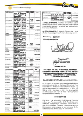 lo tiene todo. Barrancabermeja
G
O
B
IERN
OD
ISTW
TAlO
cód ig o nusuruisTAL DffTALLl VALOR
(K IR t) m *1 Distrito M
•v n n o b w m afi ■ H
2.310 OIOS 04.01
(V>9«« U M ur» Acuerdo 006 de 2020)
«ctu üu a ta id R m d i Cestón trlcvti
da Residuos S oto s (PCIR1) en e Dblnto
de Ix rjrv X w m e u
roci
Recurso»
propias
Recursos dd
B á ra
264,030.?Ú600
TOTAL RECURSOS OCi QALANCI
adicionados a i nusupuesro m
KACrfK VtfiEMTtA M i l
7,460,909,914.19
ARTÍCULO TERCERO. Facúltese al Secretario (a) de
Hacienda y del Tesoro para que corrija los errores de
transcripción, leyenda y sumatoria que pudieran exis­
tir el presente Decreto.
ARTÍCULO CUARTO. El presente Decreto rige y surte
efectos fiscales a partir de la fecha de su expedición
Barrancabermeja. ]) J ENE 2020
COMUNIQUESE Y CÚMPLASE,
lAicalde Distrital
Decreto Quintal No J25 del 31 de dcjemfcf^ de'2020
- 4 9 -
t ú r J
TR IClA D U AR TE RUIZ
de Hacienda y del Tesoro
DECRETO No.003
POR MEDIO DEL CUAL SE PROHIBE EL EXPENDIO Y
CONSUMO DE BEBIDAS ALCOHÓLICAS EN ELDISTRITO
DEBARRANCABERMEJAENVIRTUDDELAEMERGENCIA
SANITARIA GENERADA POR LA PANDEMIA DEL
CORONAVIRUS COVID-19
EL ALCALDE DISTRITAL DE BARRANCABERMEJA
En uso de sus facultades constitucionales y legales, en
especial las conferidas en el articulo 315 numeral 2° de
la Constitución Política; el articulo 91, litera B de la Ley
136 de 1994, modificado por el articulo 29 de la Ley
1551 de 2012, y el articulo 14. 199 y 202 de la Ley 1801
de 2016, decreto 593 y 636 de 2020 y dermas normas
complementarias vigentes, y
CONSIDERANDO
El artículo 2° de la Constitución Política de Colombia
ordena que "las autoridades de la República están
instituidas para proteger a todas las personas en su
vida, honrar bienes, creencias y demás derechos y
Libertades y pare asegurar el cumplimiento de los
deberes sociales del Estado y de particulares"
5
 