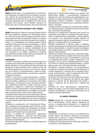 lo tiene todo. Barrancabermeja
G
O
B
IERN
ODISTRITAL
Misión: Brindar apoyo y acompañamiento en la formula­
ción, evaluación y actualización de los proyectos de inver­
sión, además de acompañamiento en la elaboración y
presentación de informes de los proyectos, contratos y
convenios celebrados por la entidad en el marco de los
proyectos de inversión, como también actualizar los
planes de acción y el Plan Operativo Anual de Inversiones.
9.SECRETARIA DE HACIENDA Y DEL TESORO
Misión: Desarrollar el Sistema Financiero Distrital a través
del cual se garantice y asegure con oportunidad eficien­
cia y eficacia los recursos financieros necesarios para la
financiación del Plan de Desarrollo Distrital y los gastos
autorizados para el normal funcionamiento de la adminis­
tración y el cumplimiento de la deuda publica distrital,
mediante el recaudo de los recursos públicos y su admi­
nistración orientada a la autogestión, equilibrio de los
ingresos y los gastos, la máxima rentabilidad de los
activos, la disminución de los márgenes de intermedia­
ción financiera en el crédito, soportada en procesos
permanentes de mejoramiento continuo de captación, de
inversión y atención de os compromisos.
FUNCIONES:
1.Asesorar y coordinar la política financiera del Distrito, de
acuerdo con las directrices impartidas por el alcalde, con­
solidar, elaborar y con la participación de la Secretaria de
Planeación el Plan financiero como soporte al Plan de
Desarrollo, gestionar los recursos y las acciones necesa­
rias con la Nación y el Departamento y ejercer el segui­
miento y control administrativo a la ejecución y proponer
los ajustes necesarios.
2.Definir y proponer los nuevos gravámenes o contribu­
ciones de competencia Distrital, modificar los existentes,
aplicar las tarifas, establecer los mecanismos de liquida-
ción,recaudo y fiscalización de los impuestos, gravame-
nes, contribuciones, derechos, multas, sanciones y tasas,
ejerciendo la vigilancia y control para contrarrestar su
elusión o evasión, garantizando su recaudo efectivo, ade­
lantar la cobranza administrativa y coordinar con la Secre­
taria Jurídica el cobro coactivo de la cartera morosa.
3.Efectuar análisis oportuno y permanente del comporta­
miento de los recaudos, de las operaciones de tesorería y
de la atención de las obligaciones con miras a establecer
si la administración de los recursos deI Distrito es eficiente
y eficaz.
4.Elaborar en coordinación con la Secretaria de Planea-
ción, el proyecto de presupuesto, dando estricto cumpli­
miento al Estatuto Orgánico de Presupuesto, al proceso
de planeación y velar porque el mismo responda al cum­
plimiento del Plan de Desarrollo del Distrito.
5.Dirigir y coordinar la programación, elaboración,
presentación, liquidación y ejecución del Presupuesto
Distrital, orientar estos procesos presupuéstales en las
entidades descentralizadas.
6.Programar, administrar, registrar y controlar la ejecución
del presupuesto
general de la Administración Distrital, con sujeción a las
disposiciones legales y procedimientos respectivos,
presentar los informes de ejecución desagregada y con­
solidada. En igual sentido, ejercer control sobre los Esta­
blecimientos Públicos Distritales y demas entidades
descentralizadas sin perjuicio de su autonomía adminis­
trativa y financiera.
7.Analizar, evaluar y proyectar las solicitudes de modifica­
ción del presupuesto y presentar los proyectos de trasla­
dos y adiciones presupuéstales
8.Efectuar las operaciones financieras para invertir los
excedentes de liquidez, en entidades financieras autori­
zadas y vigiladas por las autoridades correspondientes,
con sujeción a las disposiciones legales vigentes, en
especial al estatuto organico de presupuesto y en consi­
deración a la programación de compromisos.
9.Diseñar, implementar y ejecutar agiles y modernos
sistemas para el pago y el recaudo de las obligaciones del
Distrito, directamente o mediante alianzas estratégicas
con establecimientos financieros, vigilados por las autori­
dades correspondientes.
10.Efectuar el registro de operaciones, análisis de resulta­
dos y presentación de los estados financieros de la admi­
nistración central, así como la consolidación y análisis de
la contabilidad del Distrito, dando cumplimiento a los
principios y normas de la contabilidad general y en espe­
cial al Plan de Cuentas para Entidades Públicas y demás
disposiciones de la Contaduría General de la Nación.
11.Coordinar y ejecutar conforme a los procedimientos
trazados por el sistema de información que garanticen la
correcta liquidación y recaudo de los impuestos grava-
menes, contribuciones y tasas, la integración de la infor­
mación presupuestal, contable y financiera.
12.Preparar los proyectos de Acuerdo relativos a la misión
de la Secretaria, los proyectos de Decreto que deban
dictarse en ejercicio de las atribuciones del Alcalde y
liderar la ejecución de las decisiones y órdenes del
mismo.
13.Proferir los actos administrativos, requerimientos
pliegos de cargos y actos de tramite relacionados con la
actuación fiscalizadora e impositiva, de acuerdo con el
Estatuto de Rentas del Distrito.
9.1. GRUPO TESORERIA
MISION: Administrar y controlar los recursos del tesoro
de la Administración Central Distrital. Aplicando las
normas y procedimientos definidos en la legislación
vigente con criterios de control, economia, eficiencia y
eficacia.
Funciones:
1.Administrar y controlar los recursos que conforman los
fondos cuenta, y las fiducias, velando por el oportuno
recaudo de los dineros y el agil cumplimiento de las
obligaciones objetivo de los mismos.
2.Estudiar el comportamiento de cada fondo y presentar
los informes y recomendaciones
51
 